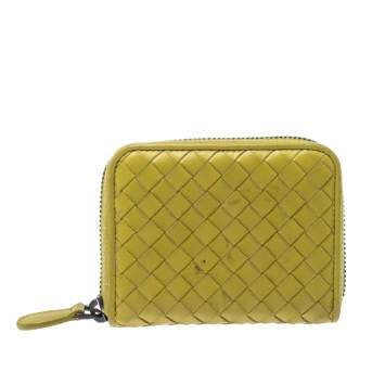 Pre Owned Bottega Veneta Green Intrecciato Leather Zip Around Wallet