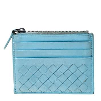 Pre Owned Bottega Veneta Light Blue Intrecciato Leather Zip Card Holder