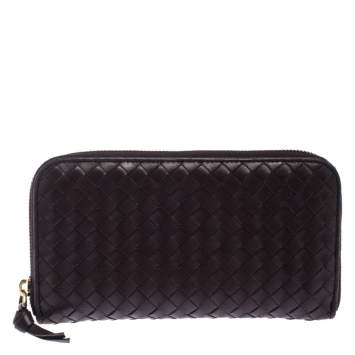 Pre Owned Bottega Veneta Brown Intrecciato Leather Zip Around Wallet