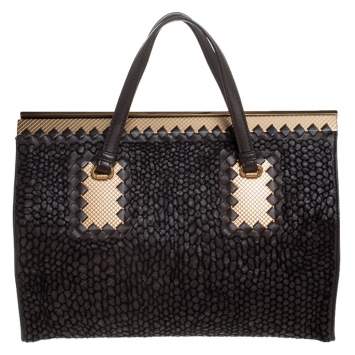 Pre Owned Bottega Veneta Dark Brown Intrecciato Leather Stitches Frame Tote