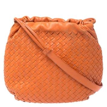 Pre Owned Bottega Veneta Orange Intrecciato Nappa Leather Drawstring Bag