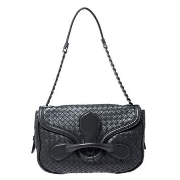 Pre Owned Bottega Veneta Dark Grey Intrecciato Leather Flap Chain Bag