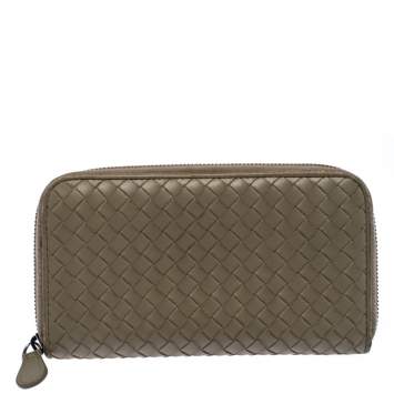 Pre Owned Bottega Veneta Pale Green Intrecciato Leather Zip Around Wallet