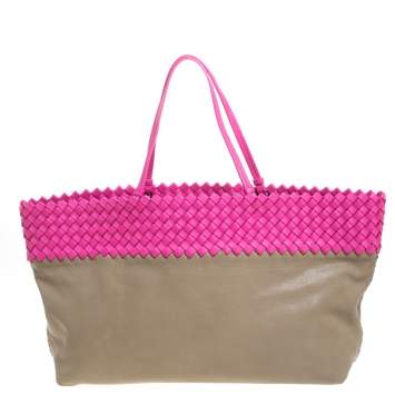Pre Owned Bottega Veneta Pink/Beige Top Woven Leather Shopper Tote