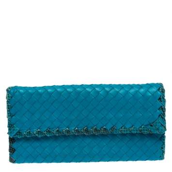 Pre Owned Bottega Veneta Blue Leather and Snakeskin Trim Flap Wallet