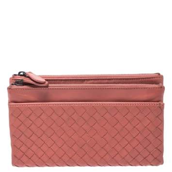 Pre Owned Bottega Veneta Salmon Pink Intrecciato Leather Double Zip Wallet