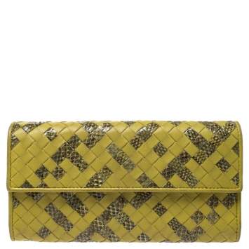 Pre Owned Bottega Veneta Yellow Intrecciato Leather and Python Continental Wallet