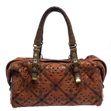 Pre Owned Bottega Veneta Orange/Brown Leather Grommet Boston Bag