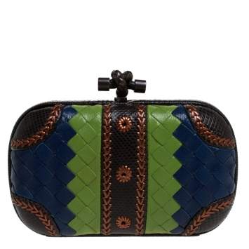 Pre Owned Bottega Veneta Intrecciato Leather with Embroidered Snakeskin Trim Knot Clutch