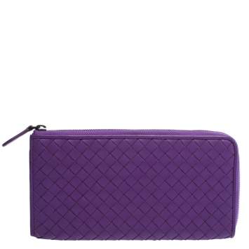 Pre Owned Bottega Veneta Purple Intrecciato Leather Zip Around Wallet