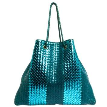 Pre Owned Bottega Veneta Blue/Metallic Intrecciato Leather Croisette Shoulder Bag