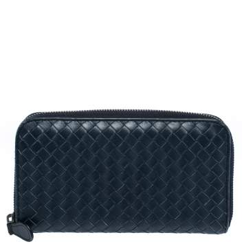 Pre Owned Bottega Veneta Navy Blue Leather Zip Around Wallet