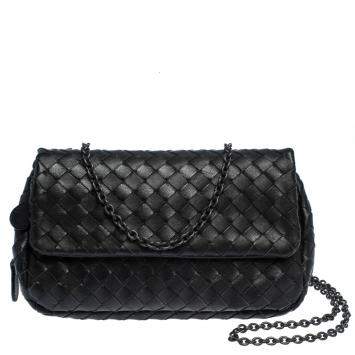 Pre Owned Bottega Veneta Black Intrecciato Leather Flap Chain Crossbody Bag