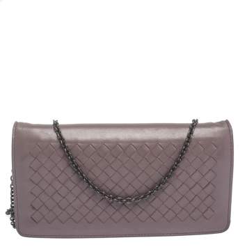 Pre Owned Bottega Veneta Pale Purple Intrecciato Leather Flap Chain Clutch