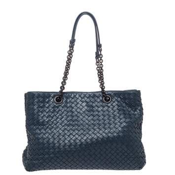 Pre Owned Bottega Veneta Blue Intrecciato Leather Medium Tote