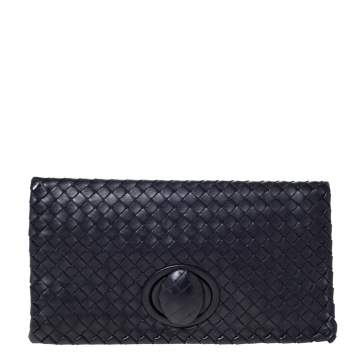 Pre Owned Bottega Veneta Dark Purple Intrecciato Leather Twist Lock Clutch