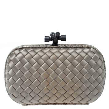 Pre Owned Bottega Veneta Grey Satin and Python Trim Knot Clutch