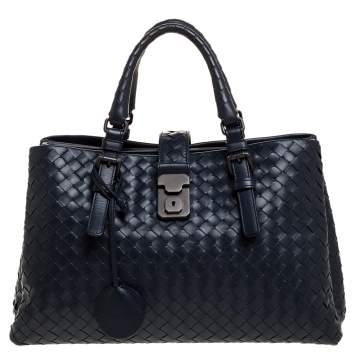 Pre Owned Bottega Veneta Blue Intrecciato Leather Small Roma Tote