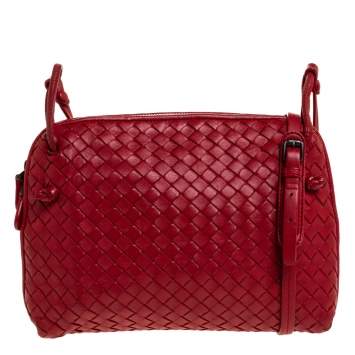 Pre Owned Bottega Veneta Red Intrecciato Leather Nodini Crossbody Bag