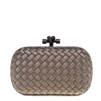 Pre Owned Bottega Veneta Grey/Beige Satin and Snakeskin Trim Knot Clutch