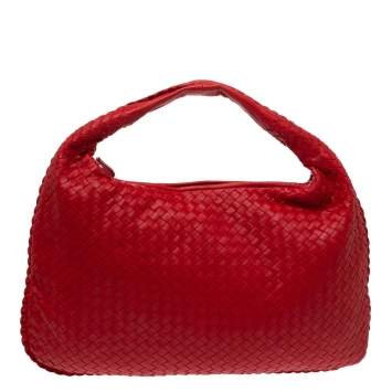 Pre Owned Bottega Veneta Crimson Red Intrecciato Leather Large Veneta Hobo