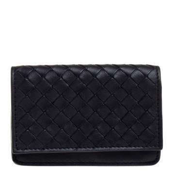 Pre Owned Bottega Veneta Midnight Blue Intrecciato Leather Flap Card Holder