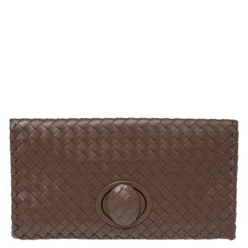 Pre Owned Bottega Veneta Brown Intrecciato Leather Twist Lock Clutch
