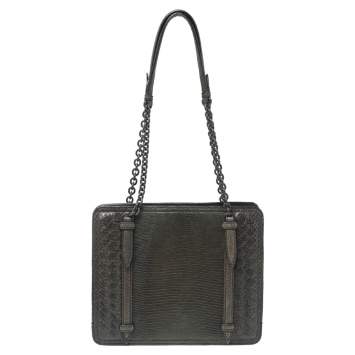 Pre Owned Bottega Veneta Olive Green Lizard and Intrecciato Snakeskin Shoulder Bag