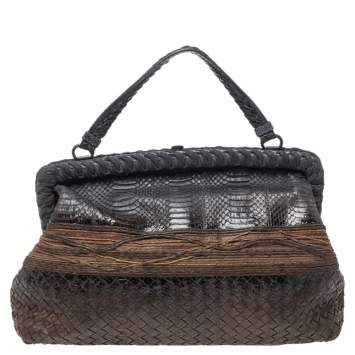 Pre Owned Bottega Veneta Black/Brown Python Frame Top Handle Bag
