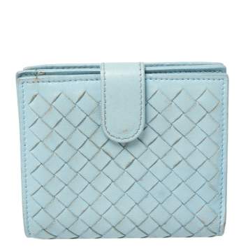Pre Owned Bottega Veneta Blue Intrecciato Leather French Wallet 