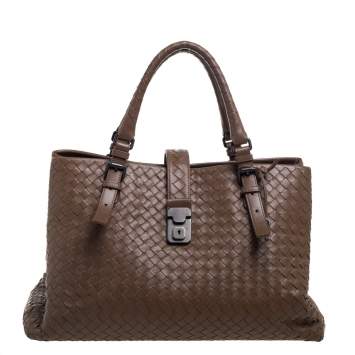 Pre Owned Bottega Veneta Brown Intrecciato Leather Medium Roma Tote