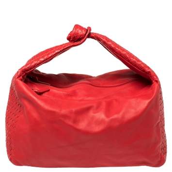 Pre Owned Bottega Veneta Red Intrecciato Leather Large Knot Hobo