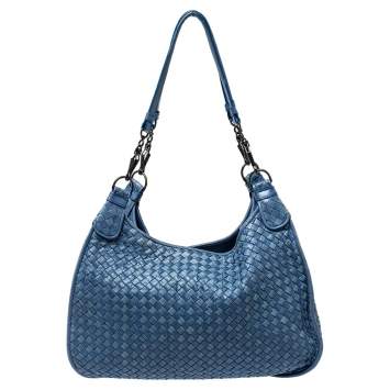 Pre Owned Bottega Veneta Blue Leather Intrecciato Hobo