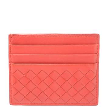 Pre Owned Bottega Veneta Red Intrecciato Leather Card Holder