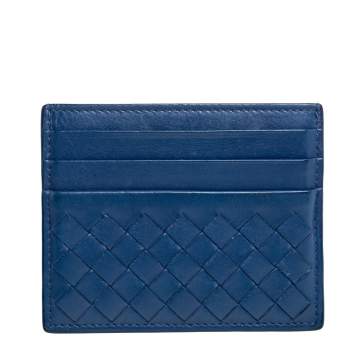 Pre Owned Bottega Veneta Blue Intrecciato Leather Card Holder