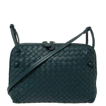 Pre Owned Bottega Veneta Deep Green Intrecciato Leather Nodini Crossbody Bag
