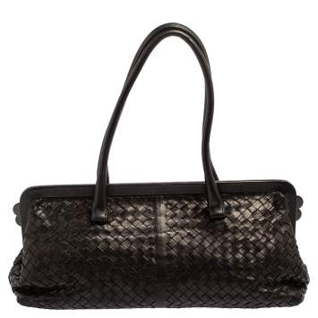 Pre Owned Bottega Veneta Black Intrecciato Leather Frame Satchel