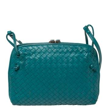 Pre Owned Bottega Veneta Aqua Green Intrecciato Leather Nodini Crossbody Bag