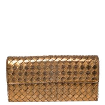 Pre Owned Bottega Veneta Metallic Gold Intrecciato Leather Flap Continental Wallet