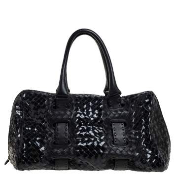 Pre Owned Bottega Veneta Black Patent Intrecciato Leather Boston Bag