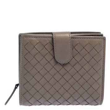 Pre Owned Bottega Veneta Taupe Intrecciato Leather Compact Wallet