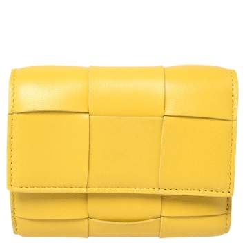 Pre Owned Bottega Veneta Yellow Maxi Intrecciato Leather Trifold Wallet