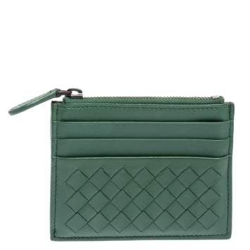 Pre Owned Bottega Veneta Green Intrecciato Leather Zip Card Holder 
