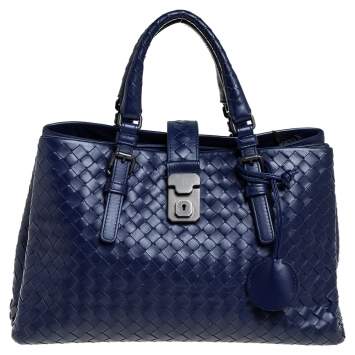 Pre Owned Bottega Veneta Blue Intrecciato Leather Small Roma Tote