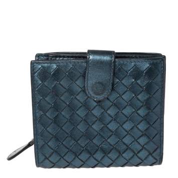 Pre Owned Bottega Veneta Metallic Blue Intrecciato Leather Compact Wallet