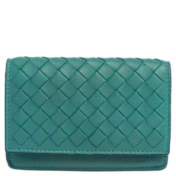 Pre Owned Bottega Veneta Turquoise Intrecciato Leather Business Card Holder