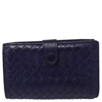 Pre Owned Bottega Veneta Purple Intrecciato Leather French Wallet