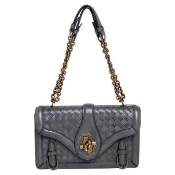 Pre Owned Bottega Veneta Grey Intrecciato Leather City Knot Shoulder Bag