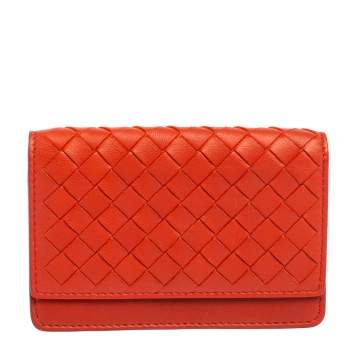 Pre Owned Bottega Veneta Orange Intrecciato Leather Business Card Holder