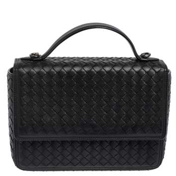 Pre Owned Bottega Veneta Black Intrecciato Leather Alumna Top Handle Bag